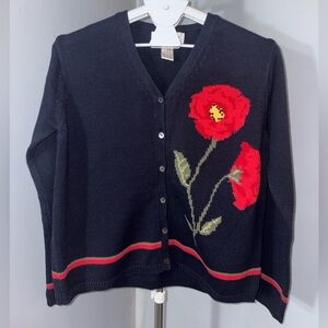 Jones New York Black Cardigan with Red Floral Design - szM (P22)